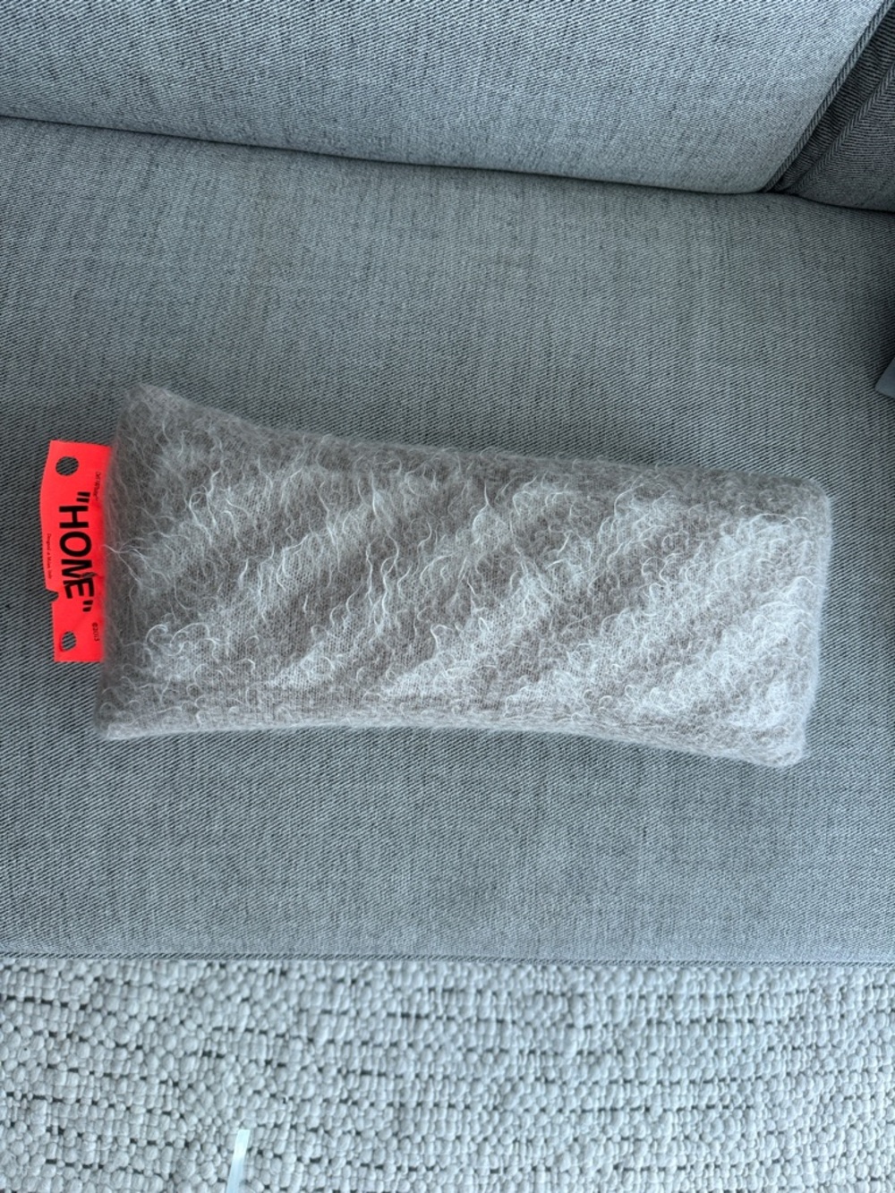 Off-White Beige Fuzzy Lumbar Pillow with Orange Tag